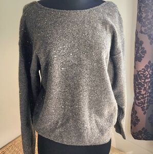 Zara Sweet Boat Neck Lower Back Subtle Sparkling Sequin Gray Sweater